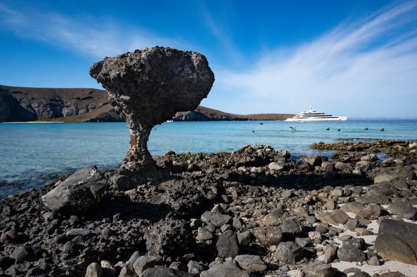 The mushroom rock at Balandra, with the bay behind it